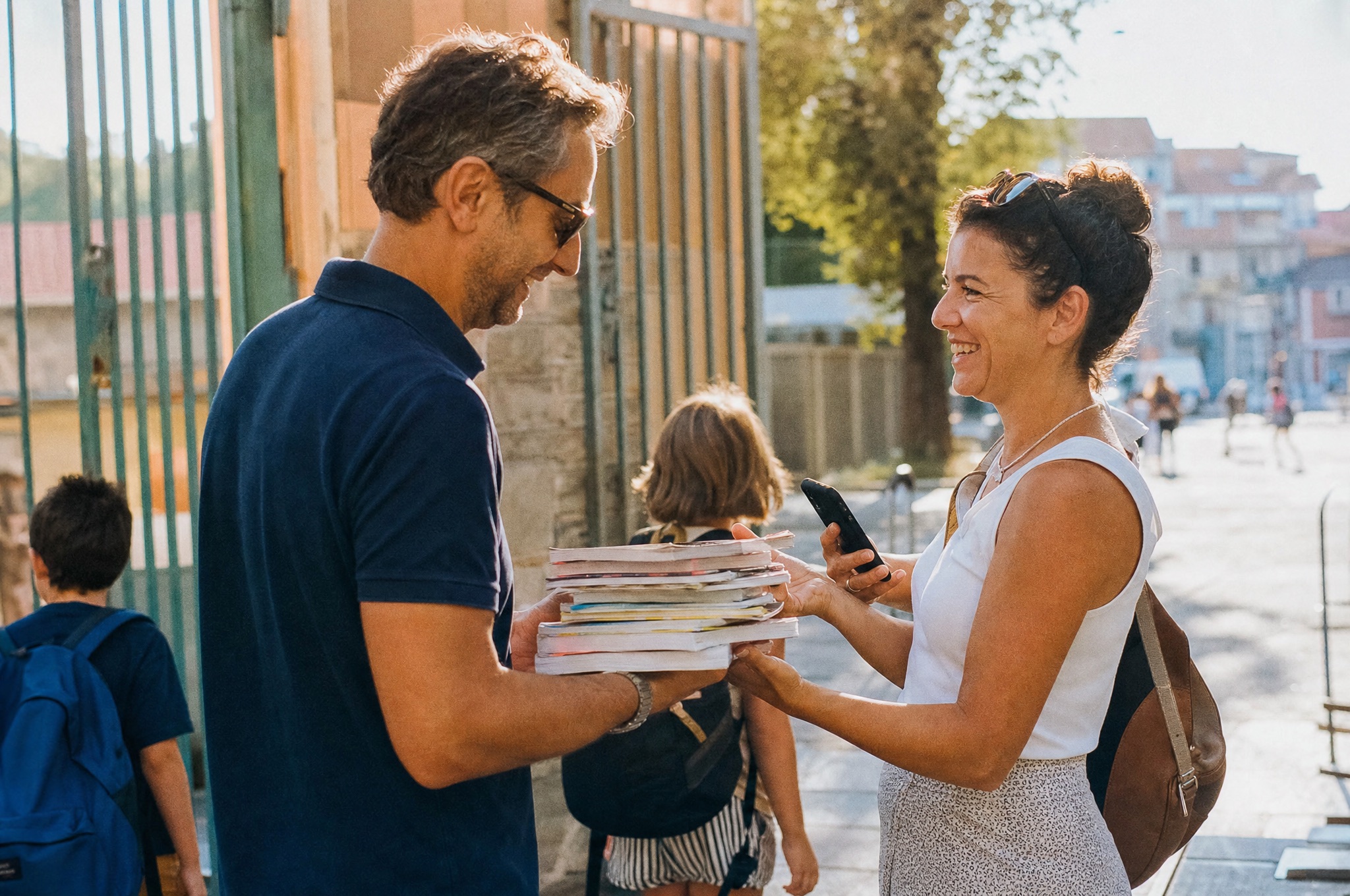 Due genitori si passano una pila di libri di scuola davanti a una scuola, in una strada di Milano